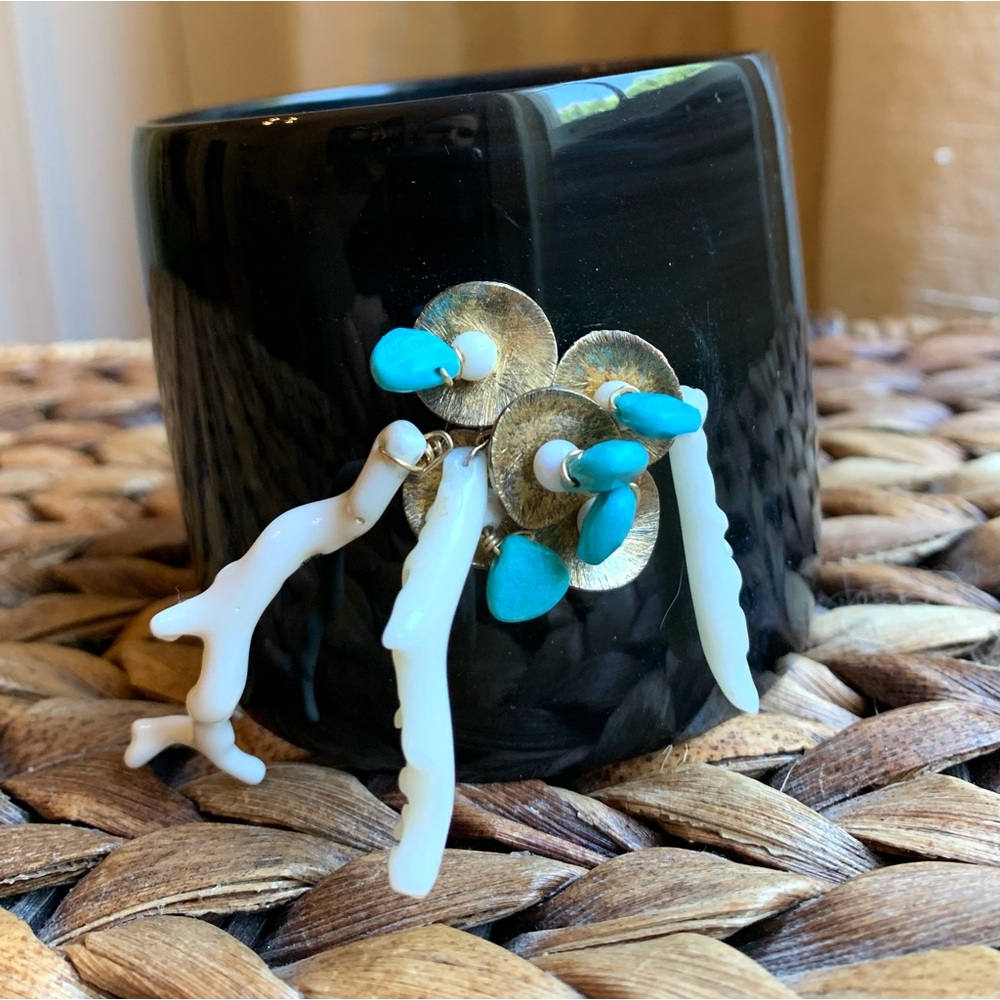 Two Blonde Lizzards Black Horn Bangle w White Coral, Turquoise & 18k Gold Plate